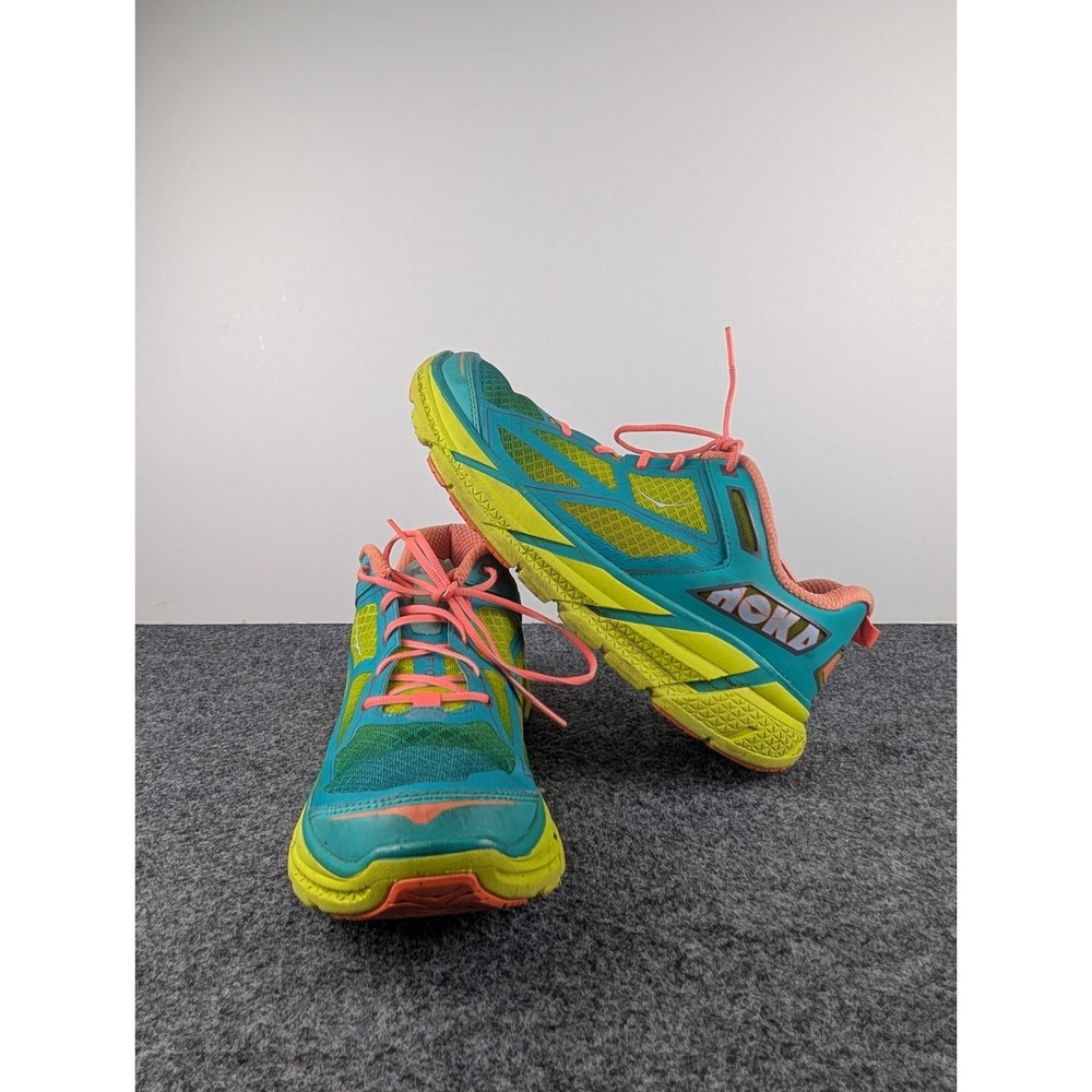 Hoka One One Clifton 1 Running Shoe Womens Size 8 Aqua Neon Green Coral Sneakers
